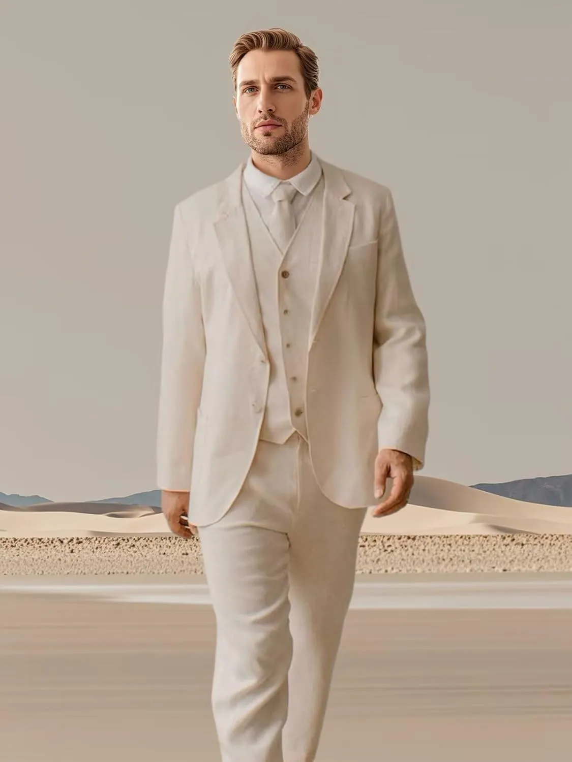 Men's Linen Suit 3 Piece Summer Slim Fit Blazer Set for Beach Weddings Parties Casual Business Jacket Vest Pants