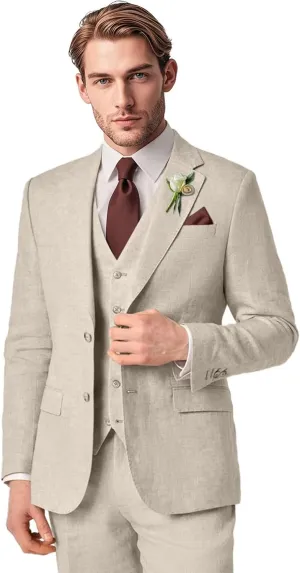 Men's Linen Suit 3 Piece Summer Slim Fit Blazer Set for Beach Weddings Parties Casual Business Jacket Vest Pants