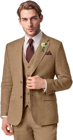 Men's Linen Suit 3 Piece Summer Slim Fit Blazer Set for Beach Weddings Parties Casual Business Jacket Vest Pants