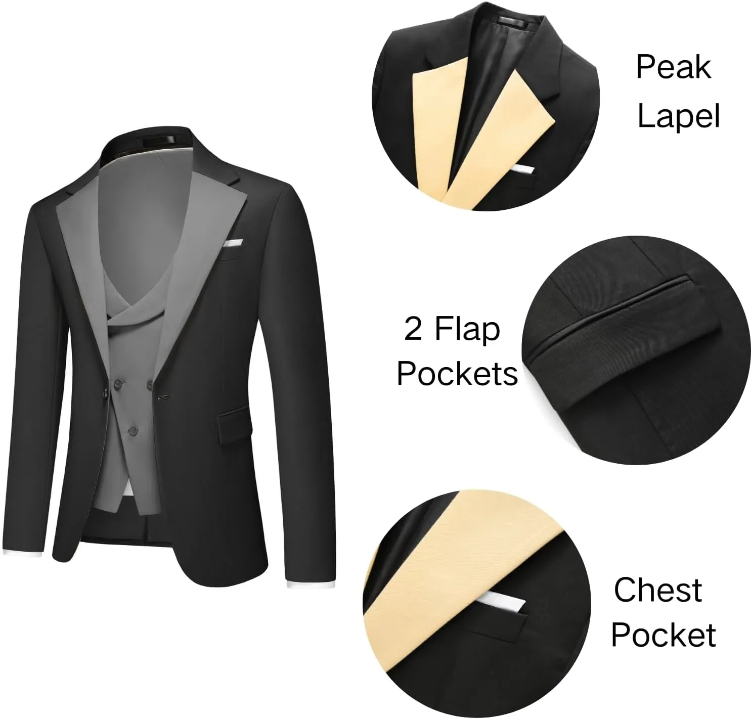 Men's Slim Fit 3-Piece Suit - One Button Wedding Prom Tuxedo, Includes Blazer, Vest, and Pants