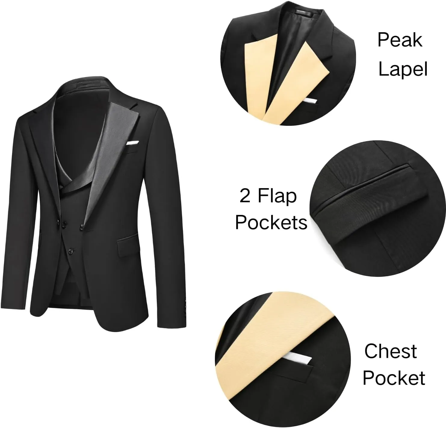 Men's Slim Fit 3-Piece Suit - One Button Wedding Prom Tuxedo, Includes Blazer, Vest, and Pants