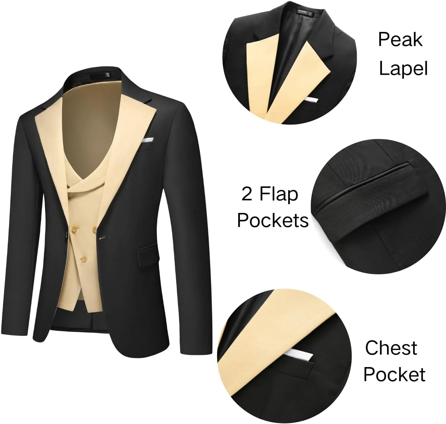 Men's Slim Fit 3-Piece Suit - One Button Wedding Prom Tuxedo, Includes Blazer, Vest, and Pants