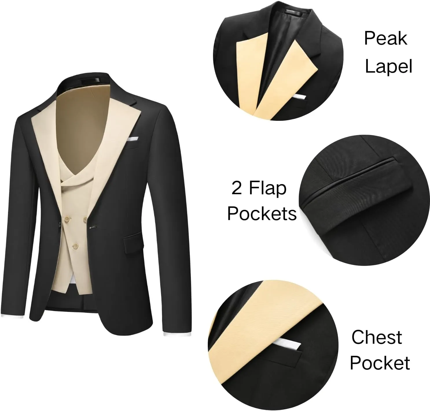 Men's Slim Fit 3-Piece Suit - One Button Wedding Prom Tuxedo, Includes Blazer, Vest, and Pants