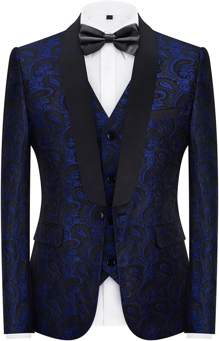 Mens Suits 3 Piece Slim Fit Tuxedo for Men Paisley Suit Prom Tux Shawl Lapel One Button Blazer Vest Pants Set