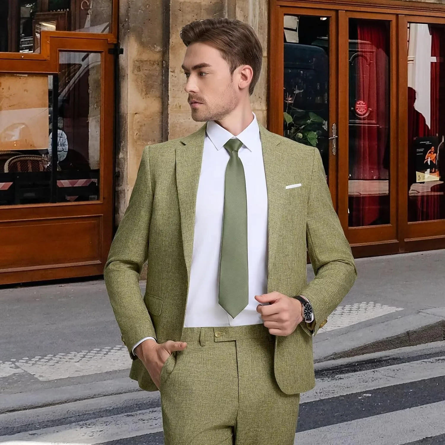 Mens Suits Classic Fit 2 Piece Lightweight Suit Set One Button Casual Jacket Blazer Pant for Men Wedding Bussiness