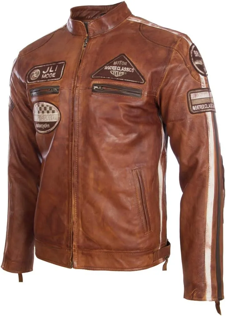 Men's Super-Soft Real Leather Band Collar Patch Fashion Biker Jacket (CXUS)