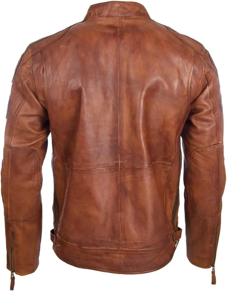 Men's Super-Soft Real Leather Band Collar Patch Fashion Biker Jacket (CXUS)