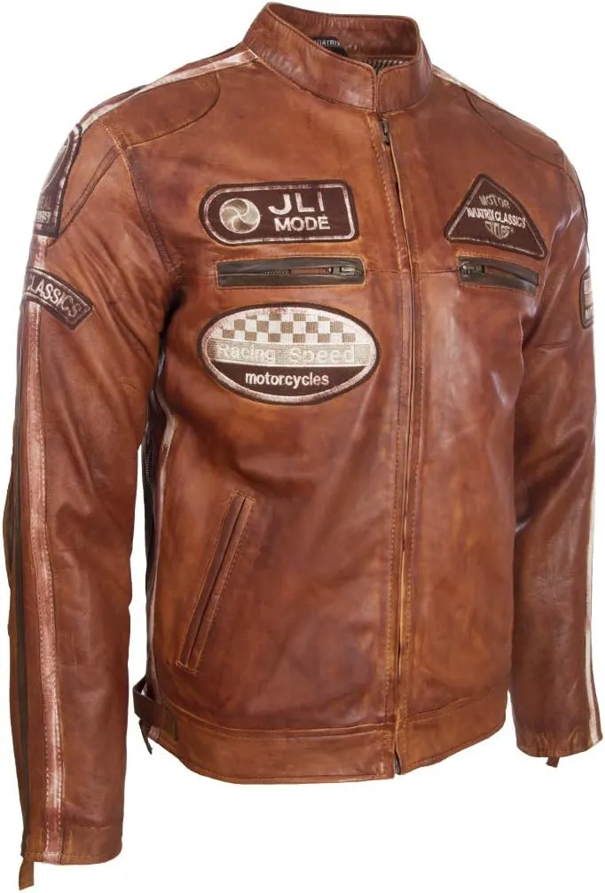 Men's Super-Soft Real Leather Band Collar Patch Fashion Biker Jacket (CXUS)