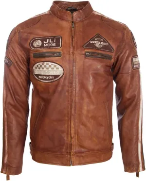 Men's Super-Soft Real Leather Band Collar Patch Fashion Biker Jacket (CXUS)
