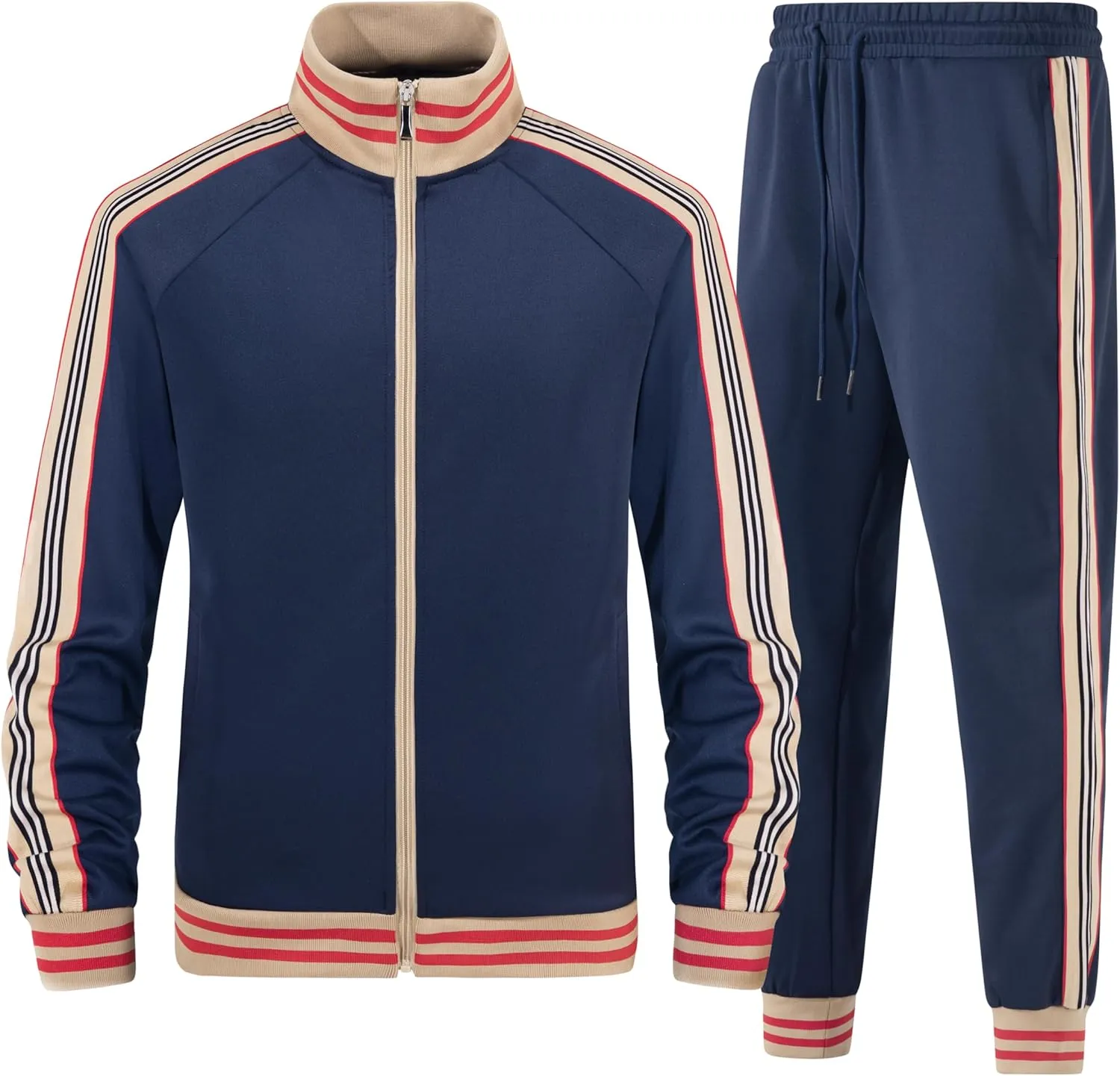 Mens Tracksuits 2 Piece Set Full Zip Velour Sweatsuit for Casual Training Outdoor - Available in Blue Khaki and Black