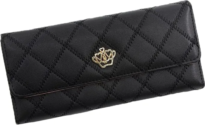 Metal Crown Long Ladies Large Purse Female PU Leather Card Holder clutch wallet bag for women (Black)