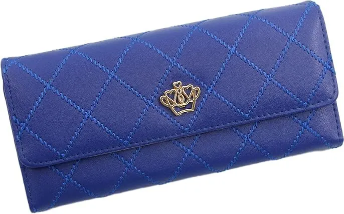 Metal Crown Long Ladies Large Purse Female PU Leather Card Holder clutch wallet bag for women (Navy)
