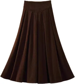 Mid-Length Corduroy Skirt for Women Autumn Winter Vintage A Line High Waist Pleated Midi Long Skirt