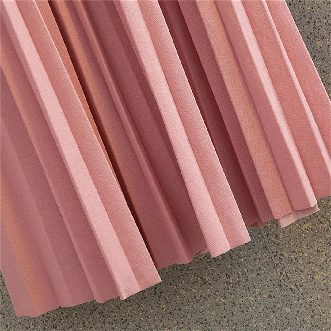 Mid-Length Pleated Skirt for Women Korean Elegant Solid A Line Belt High Waist Midi Long Skirt