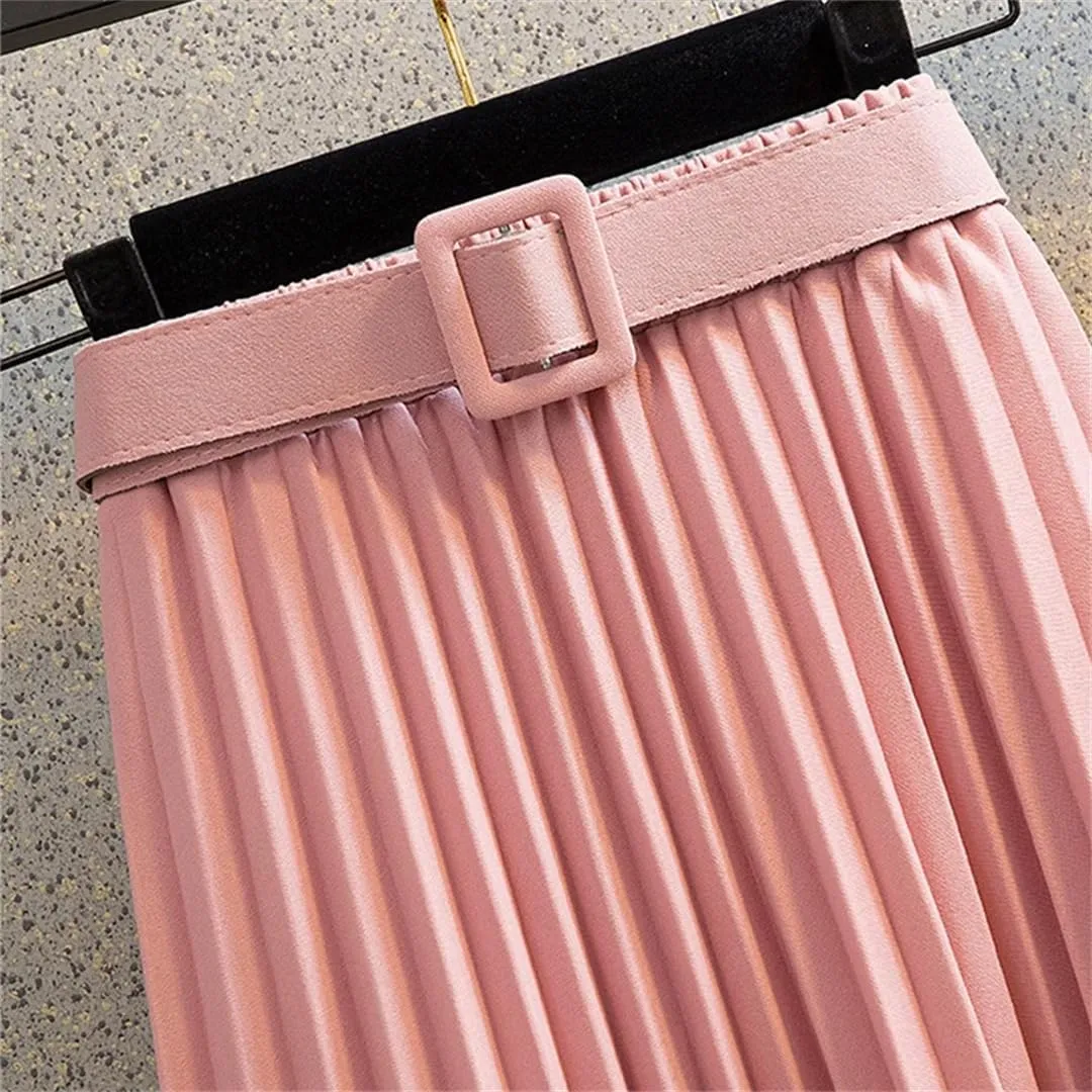 Mid-Length Pleated Skirt for Women Korean Elegant Solid A Line Belt High Waist Midi Long Skirt