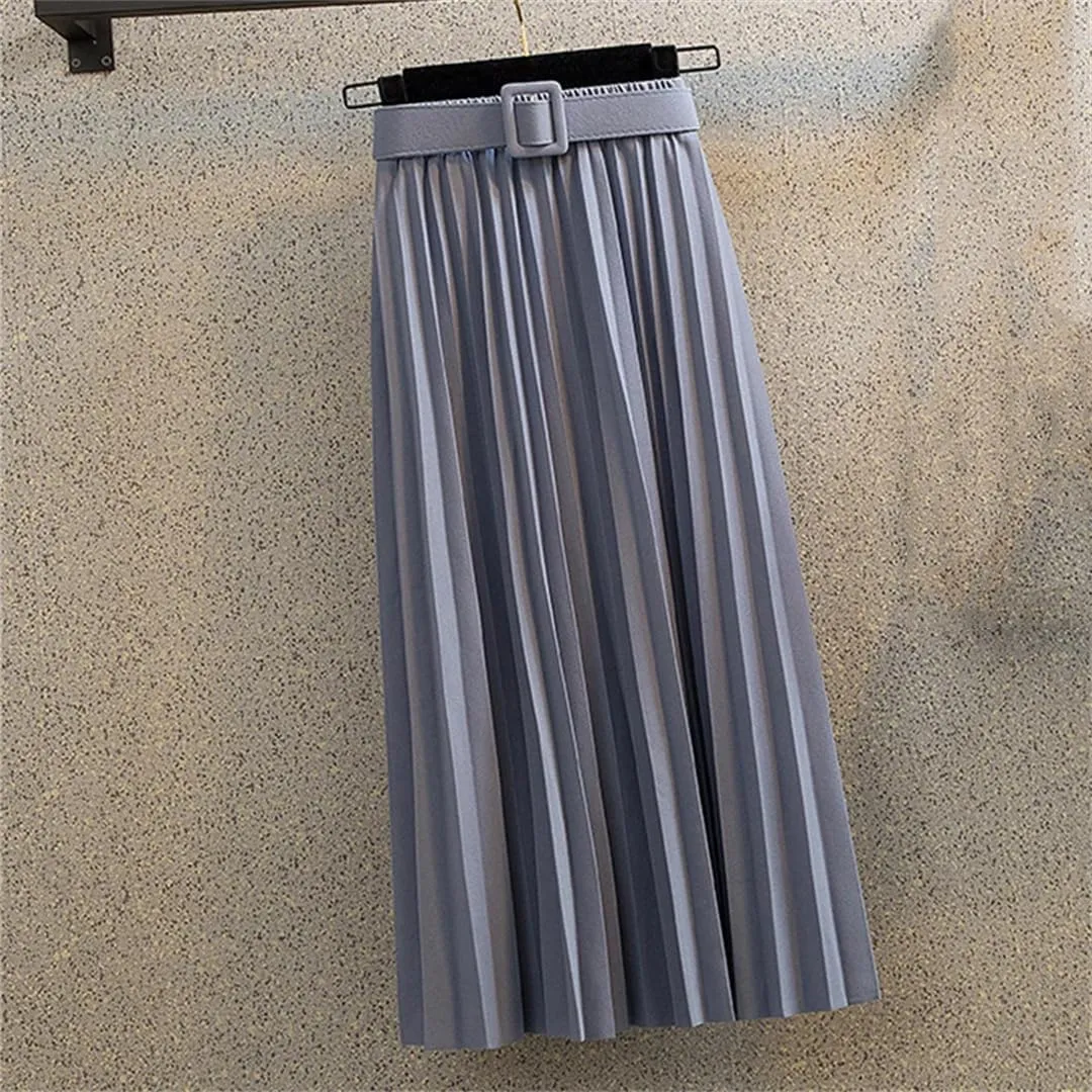 Mid-Length Pleated Skirt for Women Korean Elegant Solid A Line Belt High Waist Midi Long Skirt