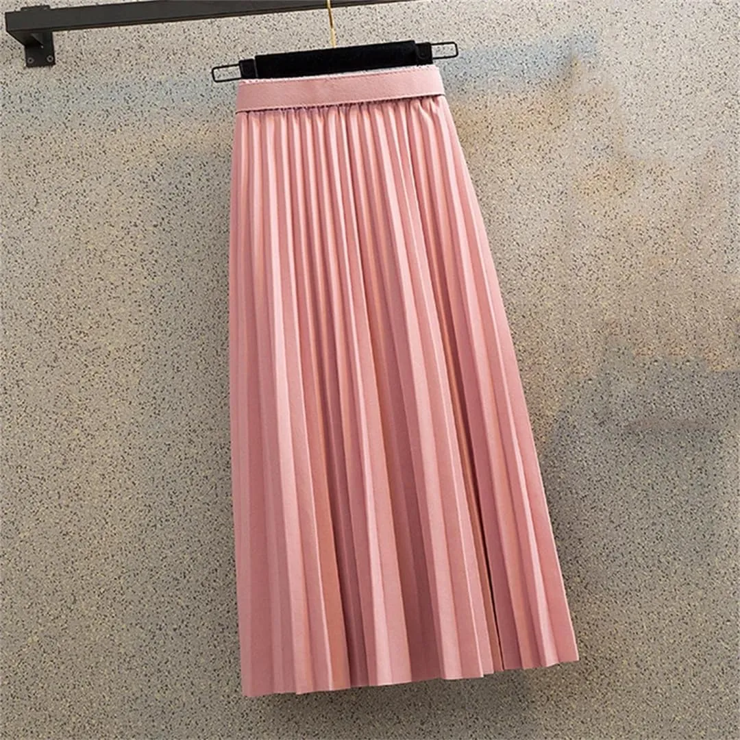 Mid-Length Pleated Skirt for Women Korean Elegant Solid A Line Belt High Waist Midi Long Skirt