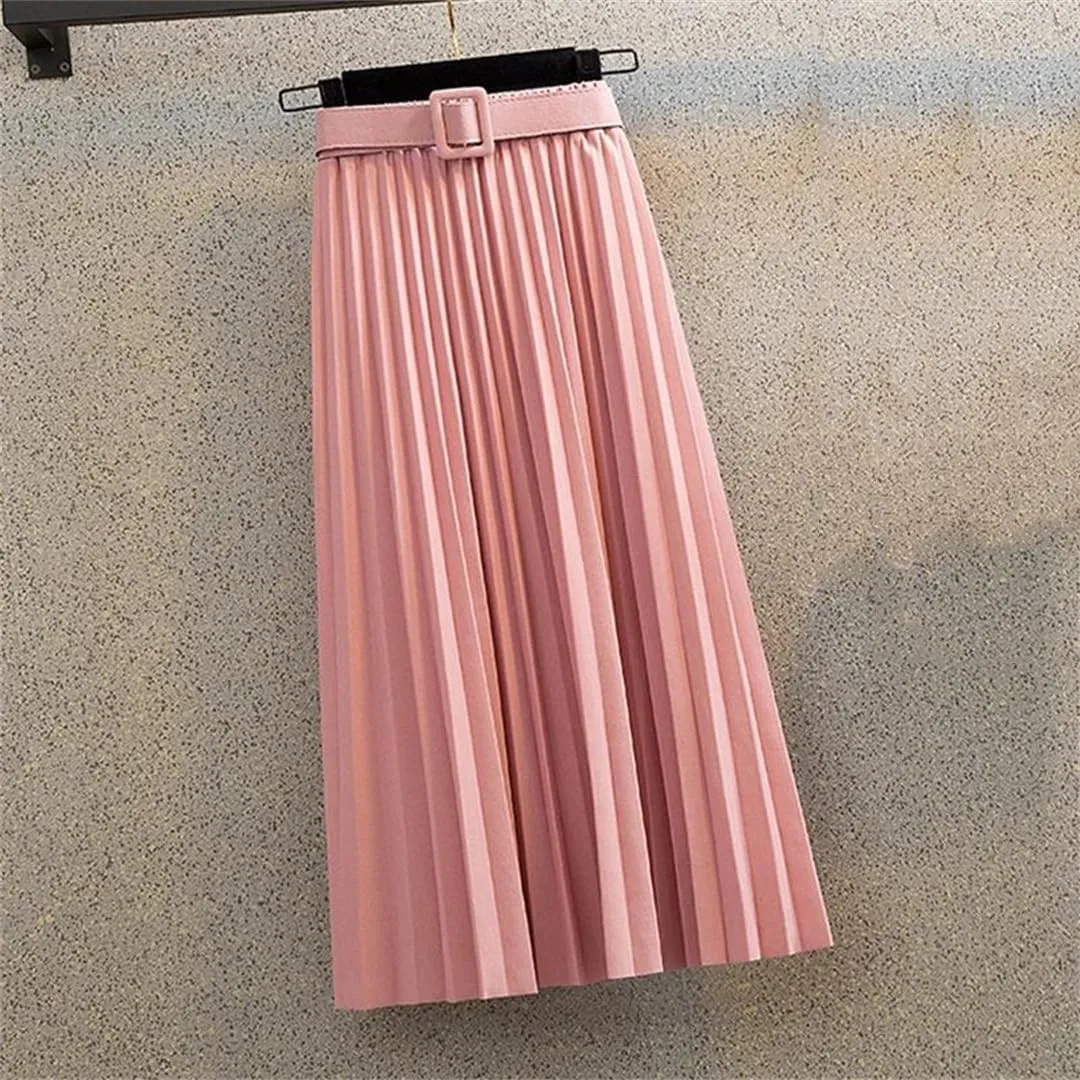 Mid-Length Pleated Skirt for Women Korean Elegant Solid A Line Belt High Waist Midi Long Skirt