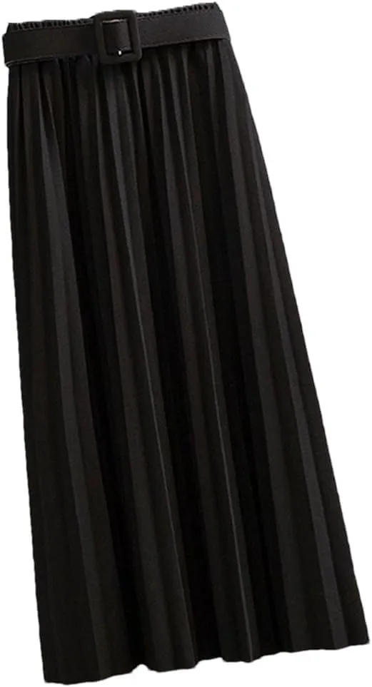 Mid-Length Pleated Skirt for Women Korean Elegant Solid A Line Belt High Waist Midi Long Skirt