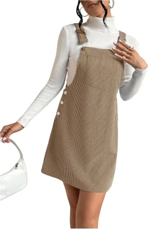 Milumia Women's Corduroy Button Front Straight Pinafore Overall Mini Dress with Pocket