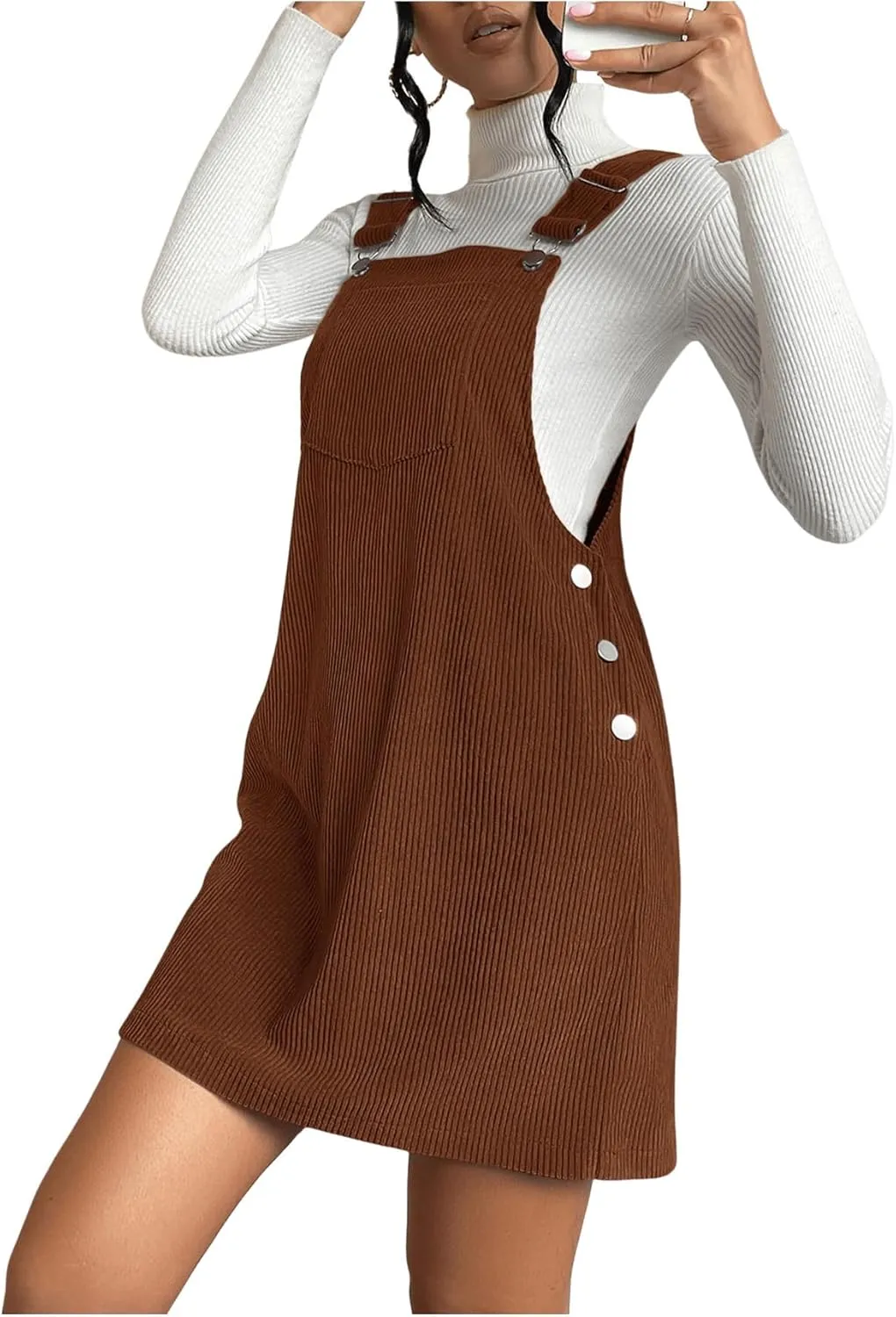Milumia Women's Corduroy Button Front Straight Pinafore Overall Mini Dress with Pocket