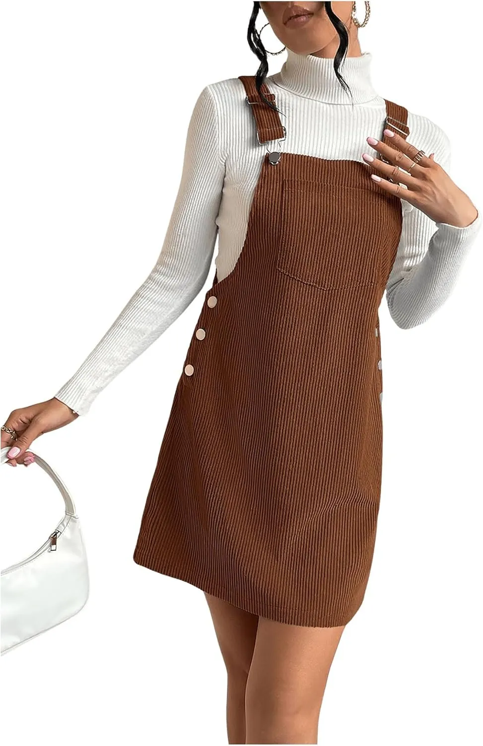 Milumia Women's Corduroy Button Front Straight Pinafore Overall Mini Dress with Pocket