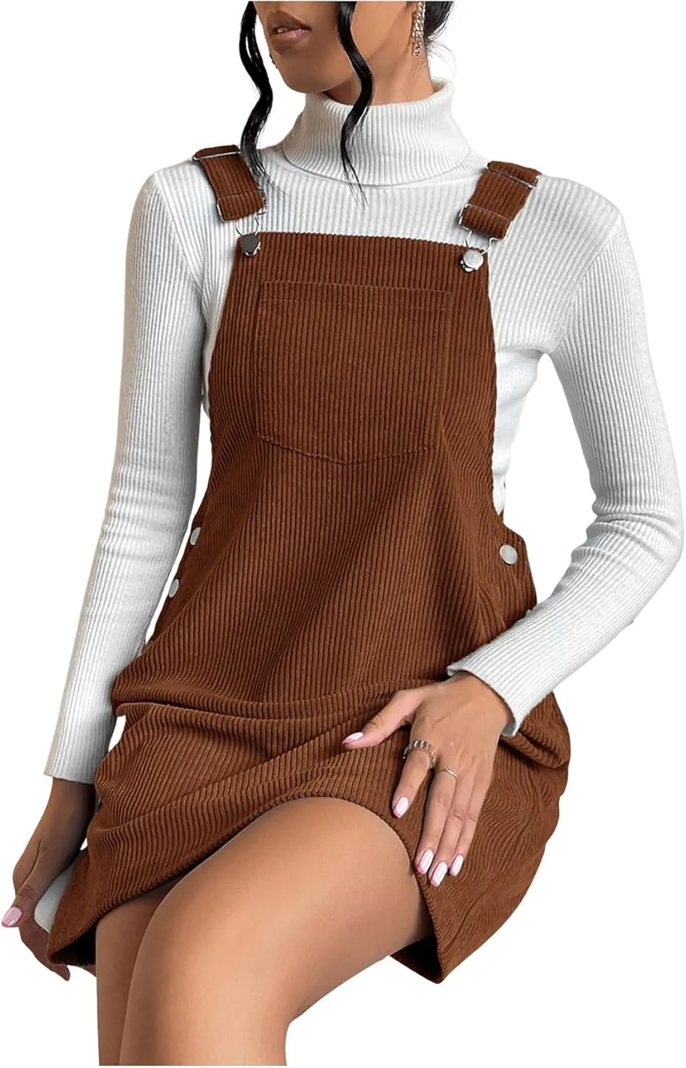 Milumia Women's Corduroy Button Front Straight Pinafore Overall Mini Dress with Pocket