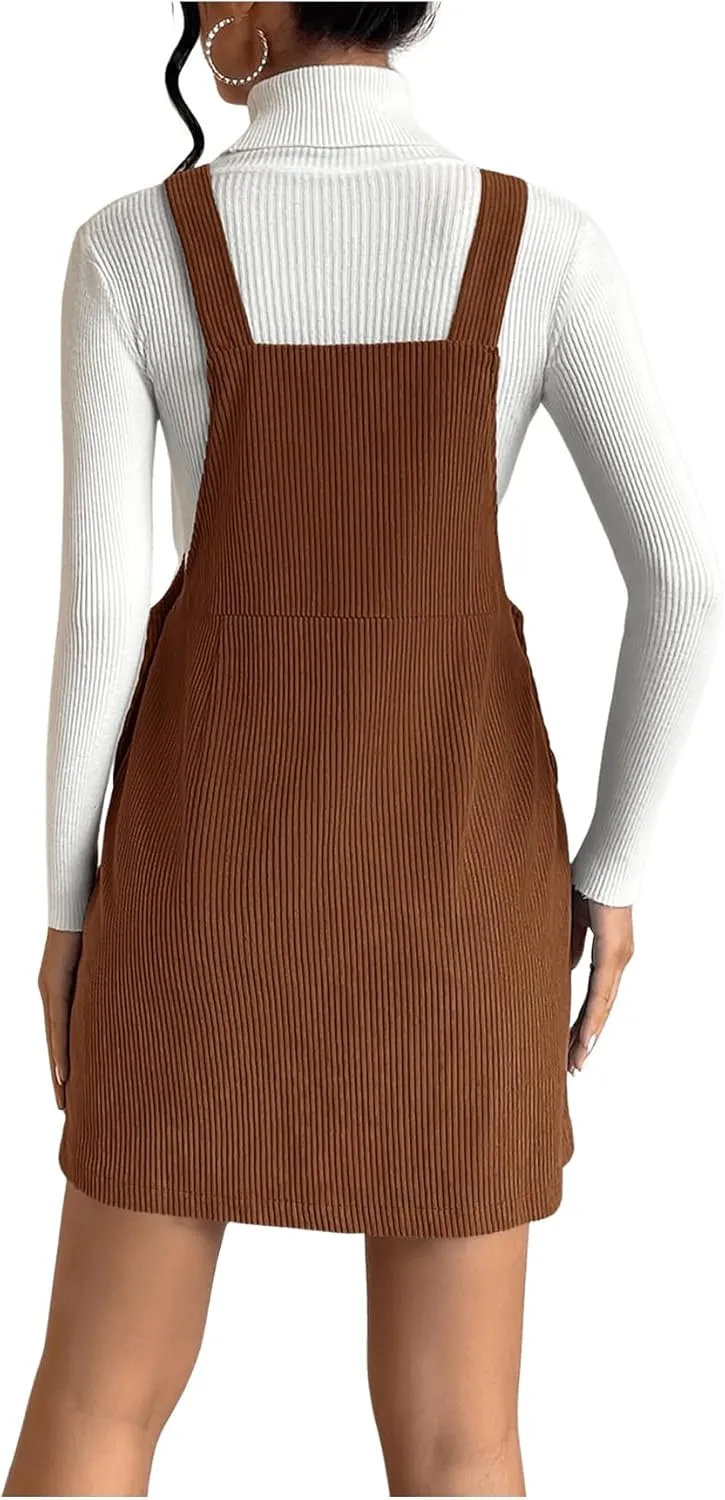 Milumia Women's Corduroy Button Front Straight Pinafore Overall Mini Dress with Pocket