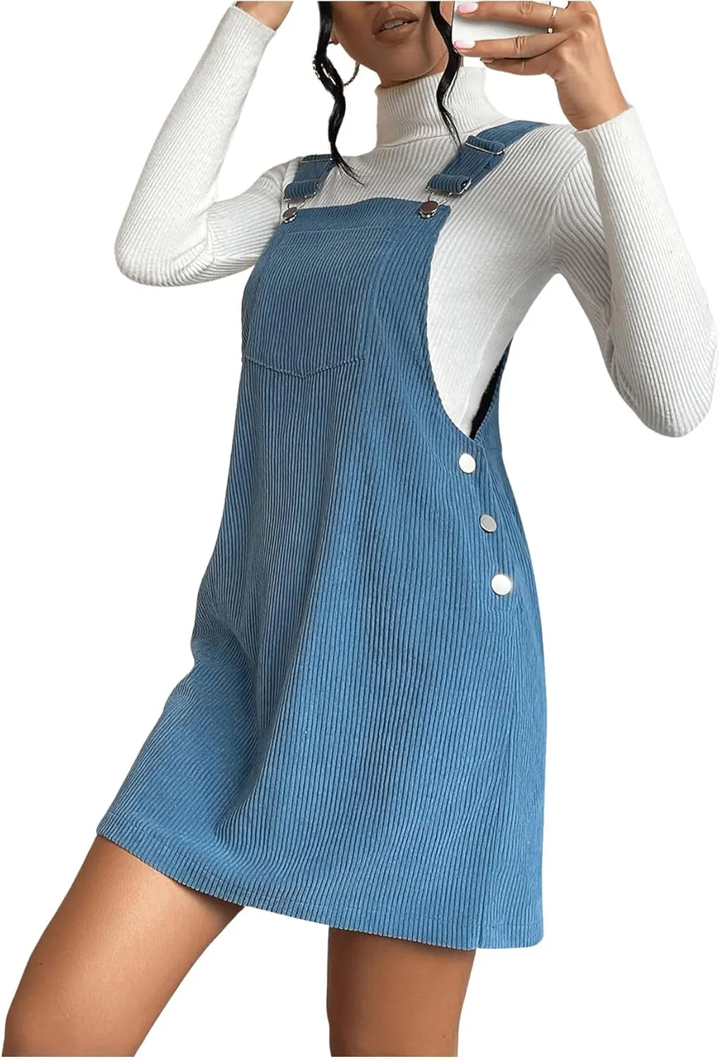 Milumia Women's Corduroy Button Front Straight Pinafore Overall Mini Dress with Pocket