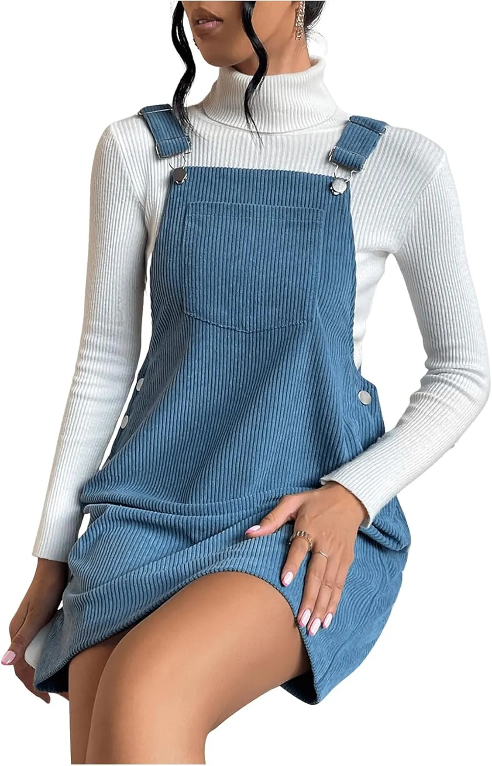 Milumia Women's Corduroy Button Front Straight Pinafore Overall Mini Dress with Pocket