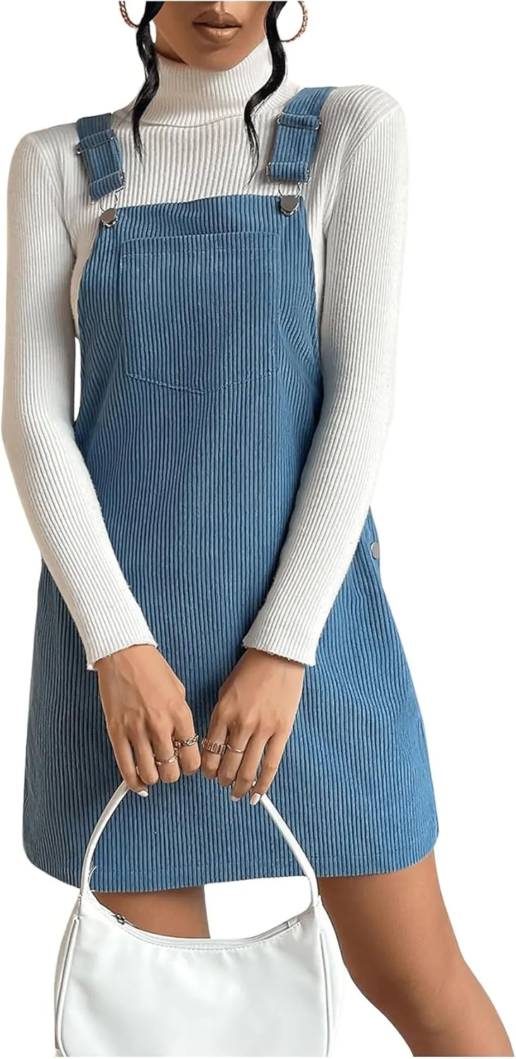 Milumia Women's Corduroy Button Front Straight Pinafore Overall Mini Dress with Pocket
