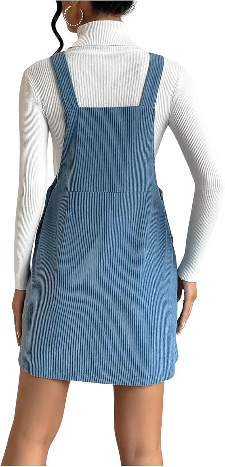 Milumia Women's Corduroy Button Front Straight Pinafore Overall Mini Dress with Pocket
