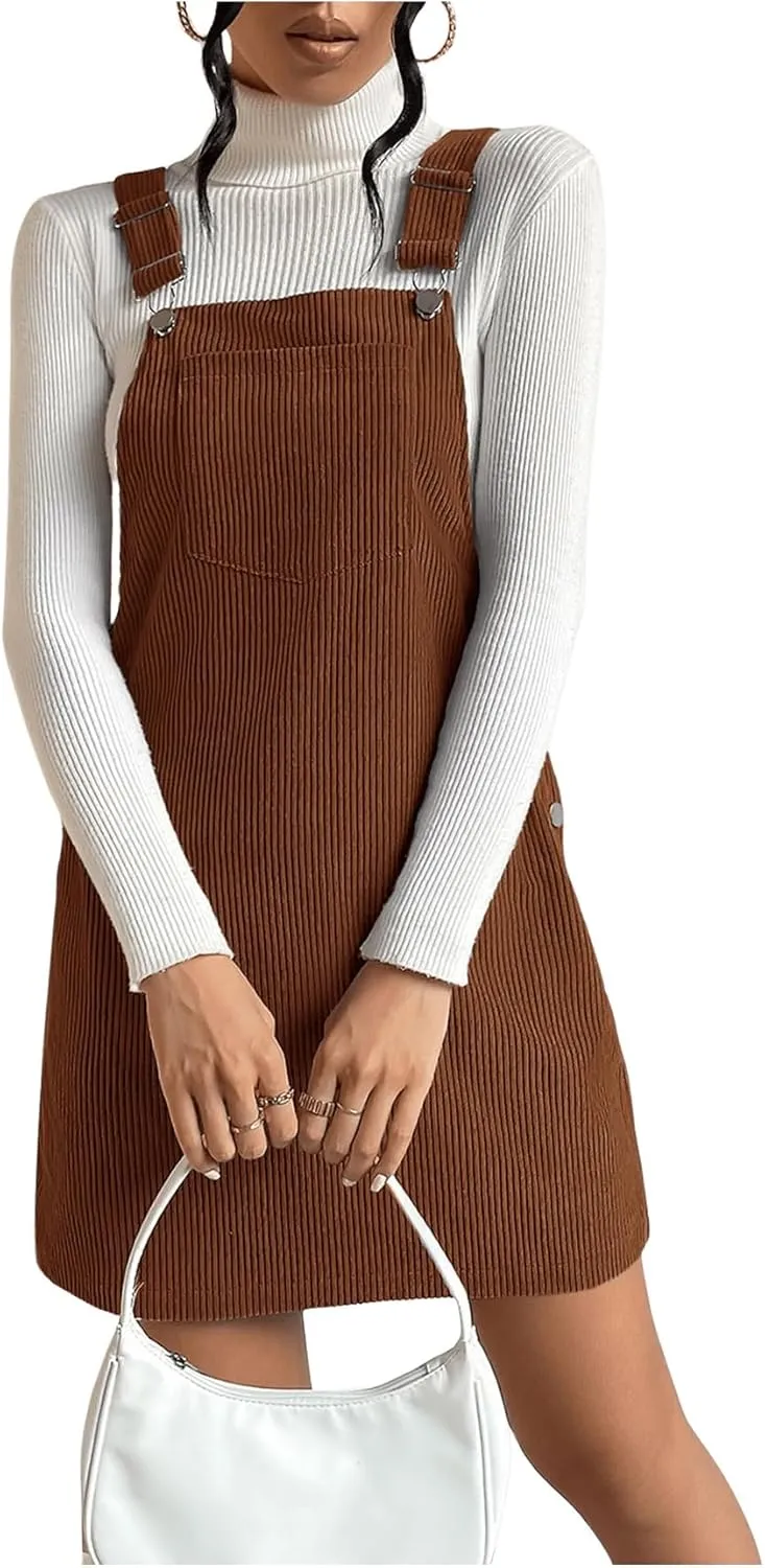 Milumia Women's Corduroy Button Front Straight Pinafore Overall Mini Dress with Pocket