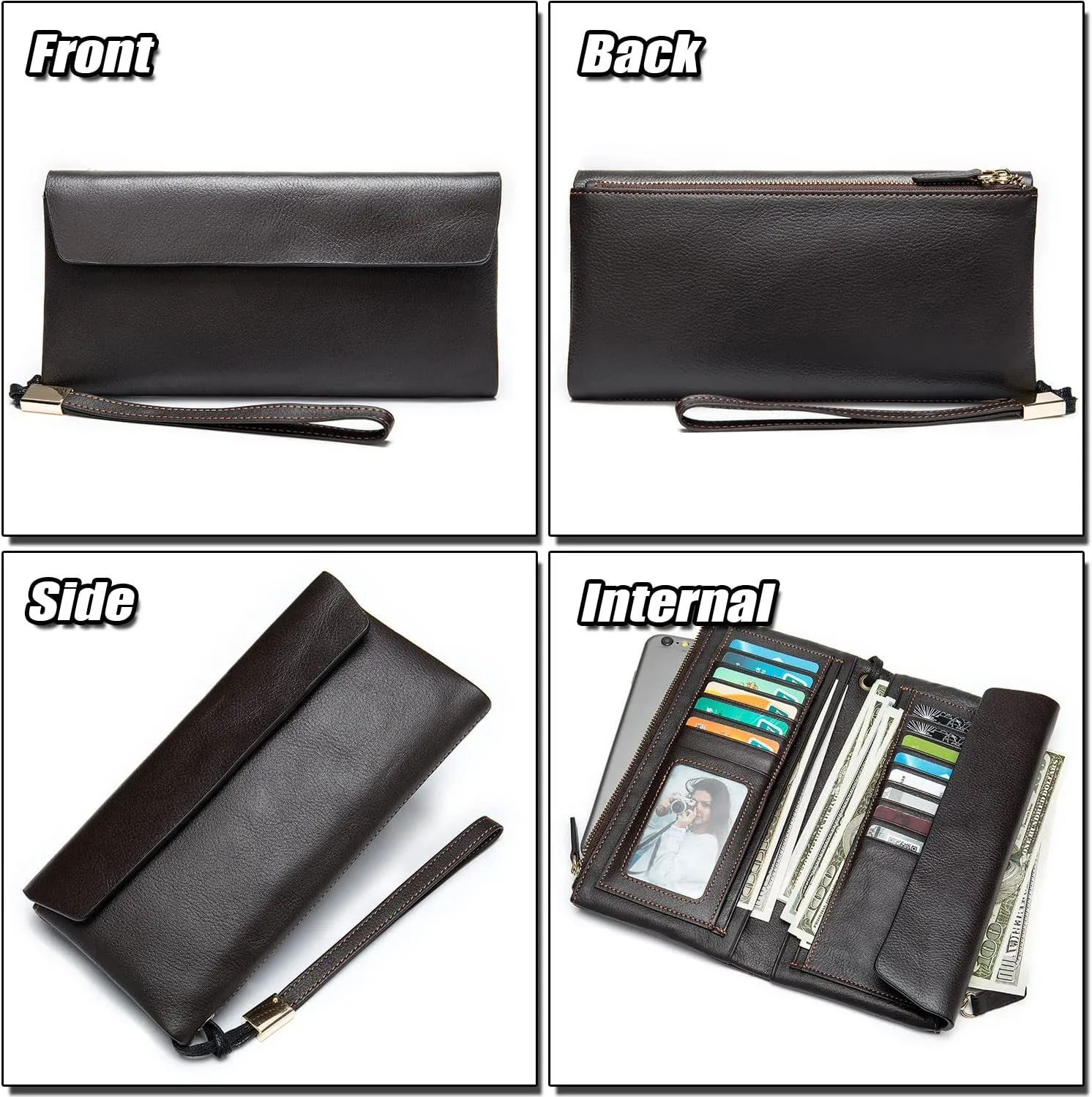 Minimalist Large Genuine Leather Wallet for Women, Ladies Phone Wristlet Clutch Purse, Multi Compartment Credit Card Holder