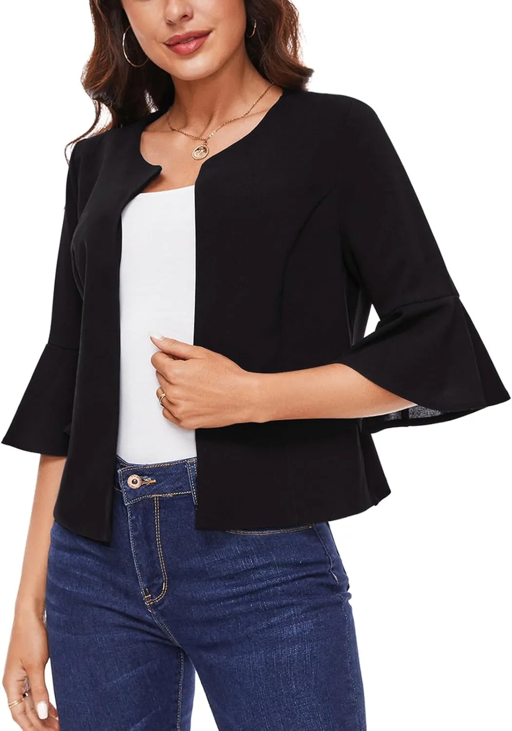 MINTLIMIT Cropped Blazer for Women Casual Elegant Open Front Blazer Flared 3/4 Sleeve Tailored Cardigan Suit Jacket
