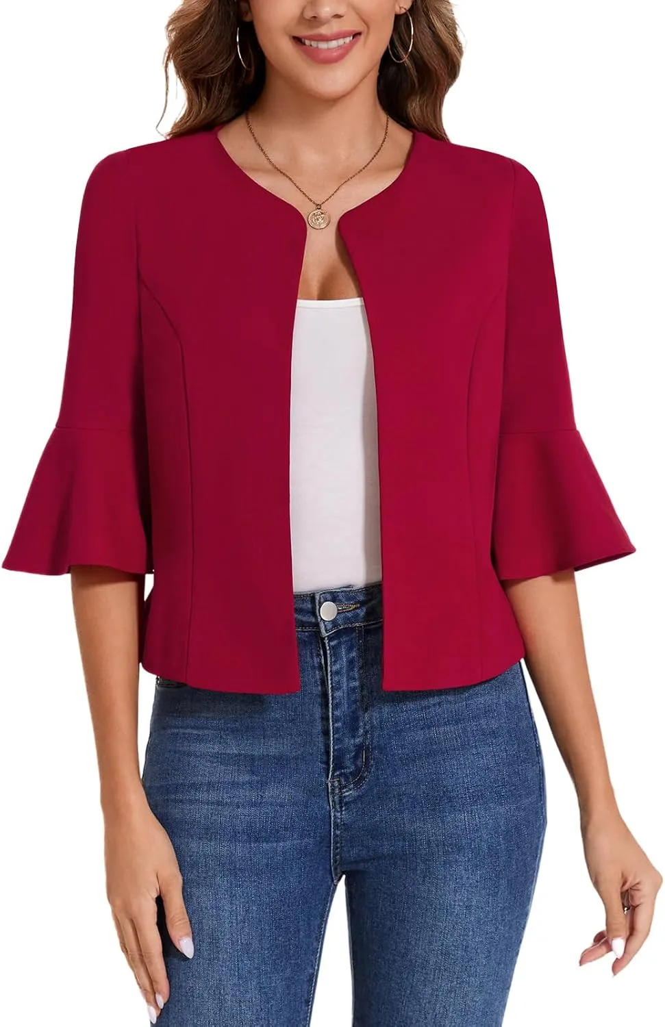 MINTLIMIT Cropped Blazer for Women Casual Elegant Open Front Blazer Flared 3/4 Sleeve Tailored Cardigan Suit Jacket