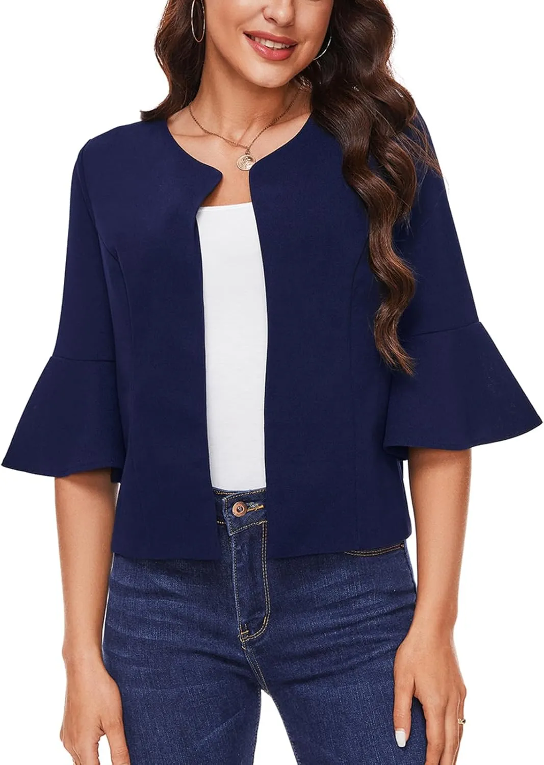 MINTLIMIT Cropped Blazer for Women Casual Elegant Open Front Blazer Flared 3/4 Sleeve Tailored Cardigan Suit Jacket