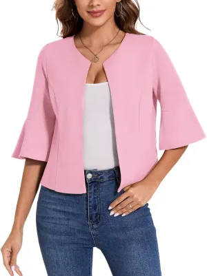 MINTLIMIT Cropped Blazer for Women Casual Elegant Open Front Blazer Flared 3/4 Sleeve Tailored Cardigan Suit Jacket