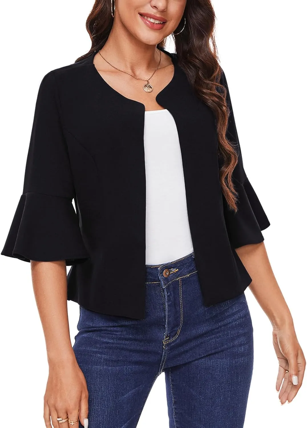 MINTLIMIT Cropped Blazer for Women Casual Elegant Open Front Blazer Flared 3/4 Sleeve Tailored Cardigan Suit Jacket