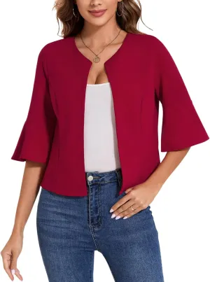 MINTLIMIT Cropped Blazer for Women Casual Elegant Open Front Blazer Flared 3/4 Sleeve Tailored Cardigan Suit Jacket