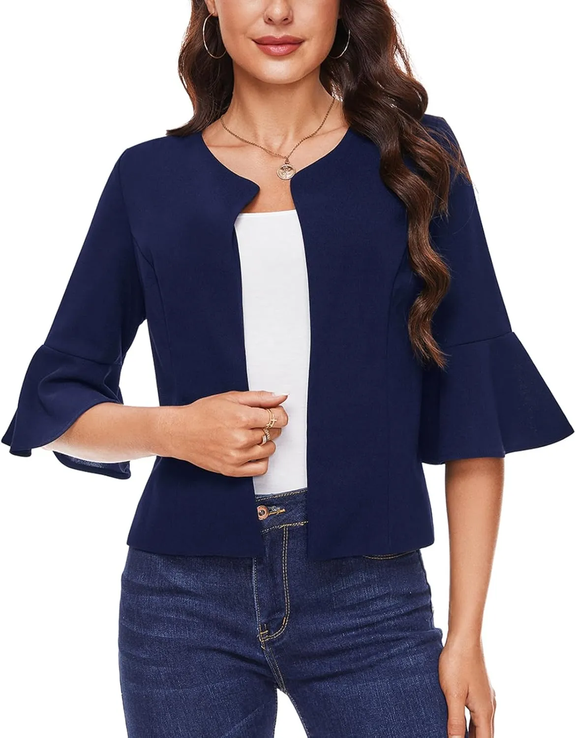 MINTLIMIT Cropped Blazer for Women Casual Elegant Open Front Blazer Flared 3/4 Sleeve Tailored Cardigan Suit Jacket