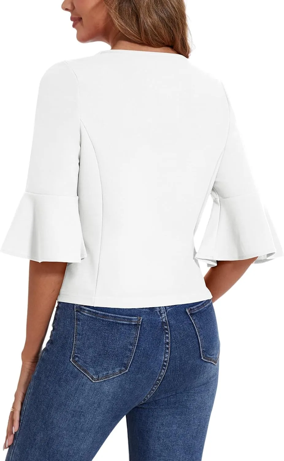 MINTLIMIT Cropped Blazer for Women Casual Elegant Open Front Blazer Flared 3/4 Sleeve Tailored Cardigan Suit Jacket