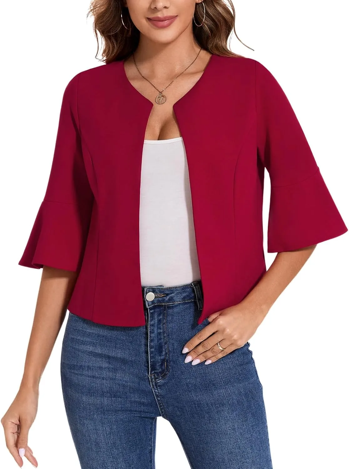 MINTLIMIT Cropped Blazer for Women Casual Elegant Open Front Blazer Flared 3/4 Sleeve Tailored Cardigan Suit Jacket