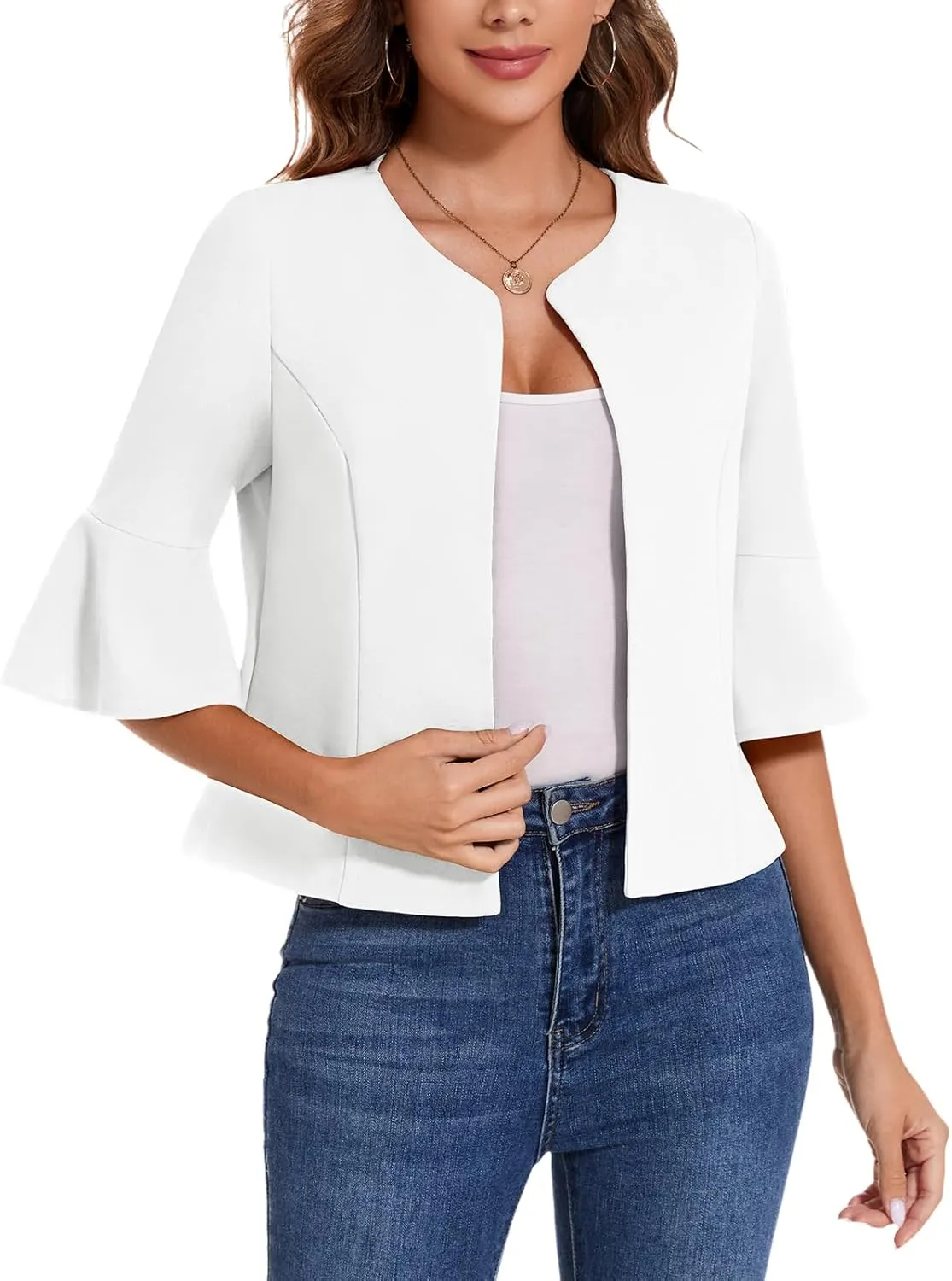 MINTLIMIT Cropped Blazer for Women Casual Elegant Open Front Blazer Flared 3/4 Sleeve Tailored Cardigan Suit Jacket