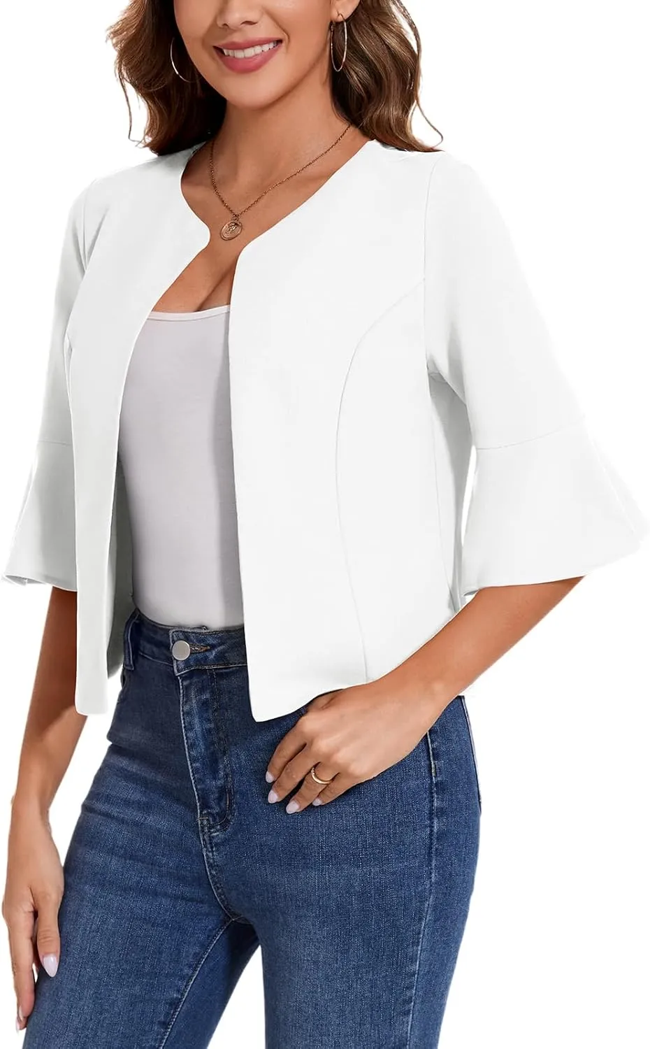 MINTLIMIT Cropped Blazer for Women Casual Elegant Open Front Blazer Flared 3/4 Sleeve Tailored Cardigan Suit Jacket