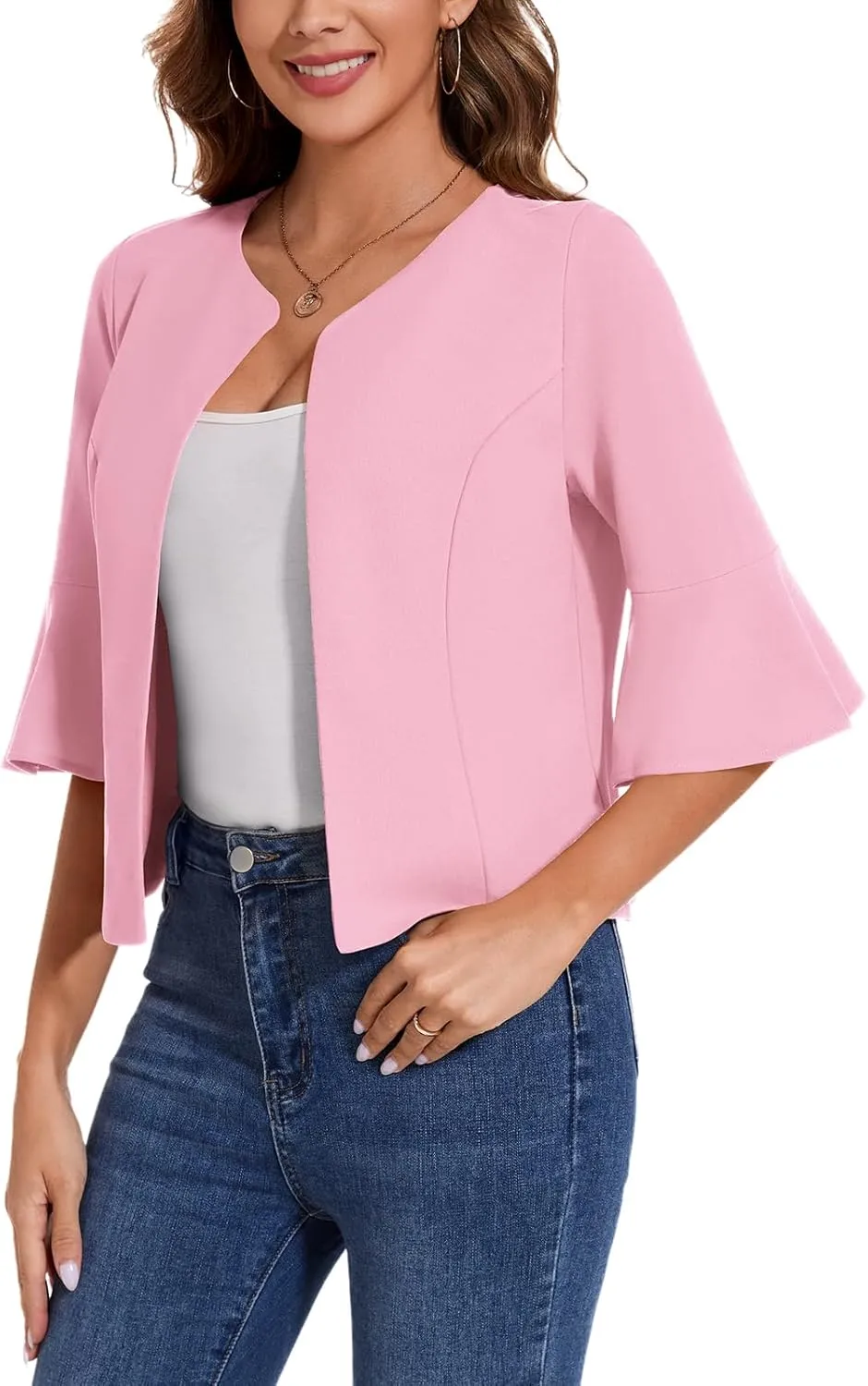 MINTLIMIT Cropped Blazer for Women Casual Elegant Open Front Blazer Flared 3/4 Sleeve Tailored Cardigan Suit Jacket