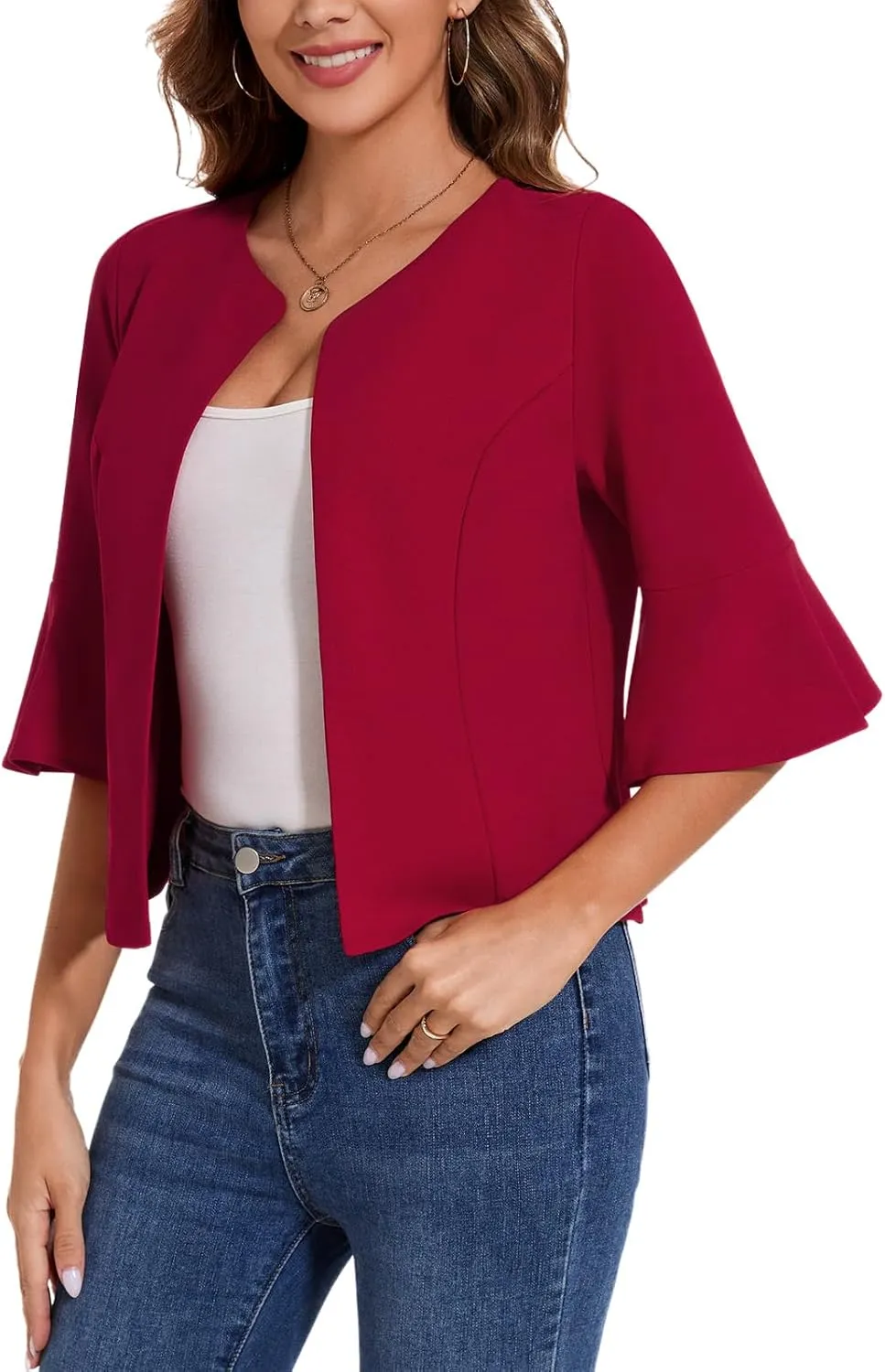 MINTLIMIT Cropped Blazer for Women Casual Elegant Open Front Blazer Flared 3/4 Sleeve Tailored Cardigan Suit Jacket