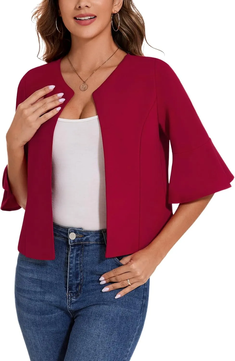 MINTLIMIT Cropped Blazer for Women Casual Elegant Open Front Blazer Flared 3/4 Sleeve Tailored Cardigan Suit Jacket
