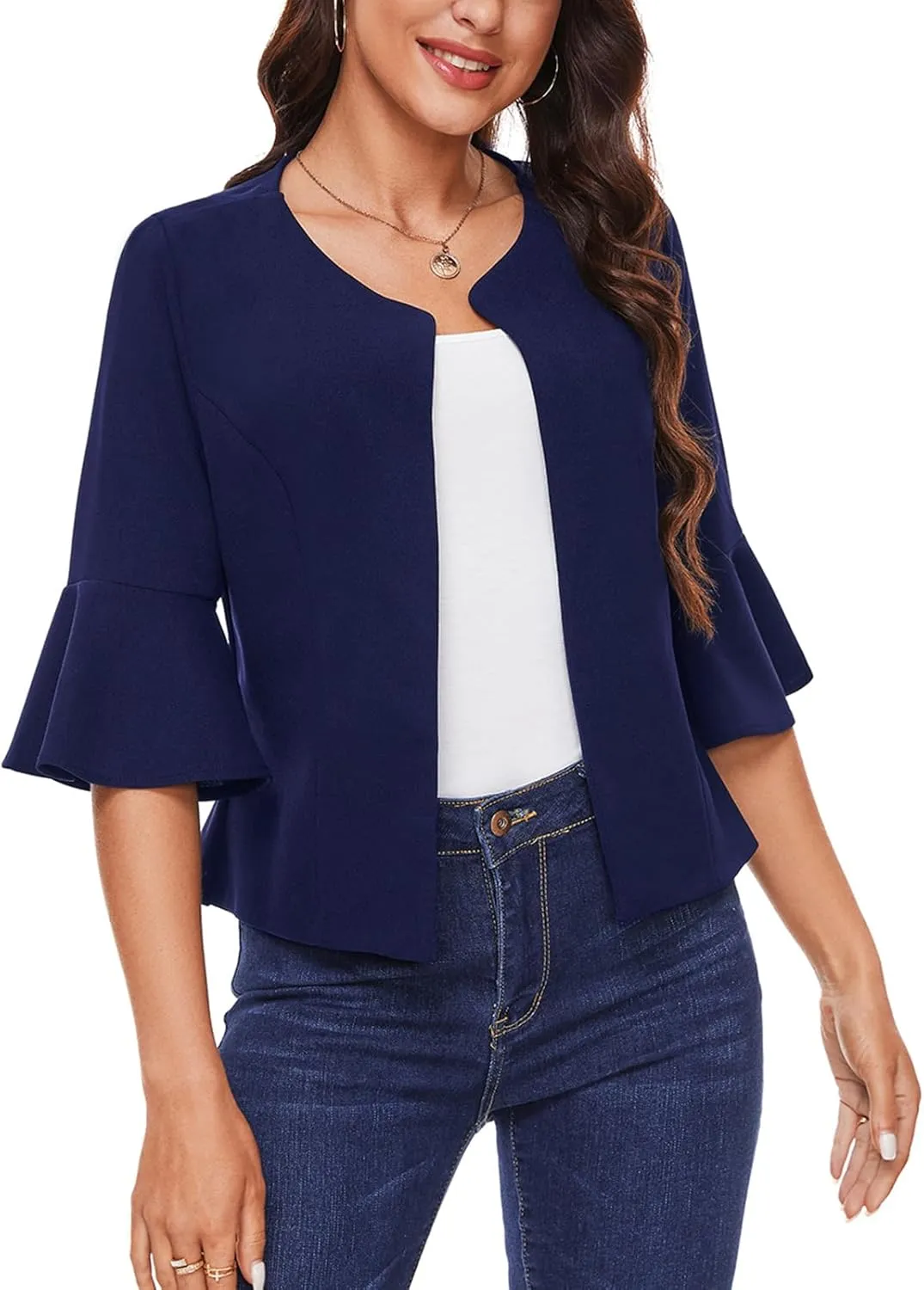 MINTLIMIT Cropped Blazer for Women Casual Elegant Open Front Blazer Flared 3/4 Sleeve Tailored Cardigan Suit Jacket