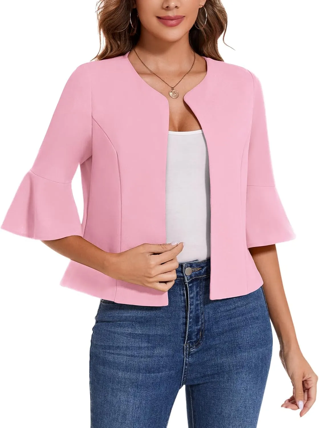 MINTLIMIT Cropped Blazer for Women Casual Elegant Open Front Blazer Flared 3/4 Sleeve Tailored Cardigan Suit Jacket